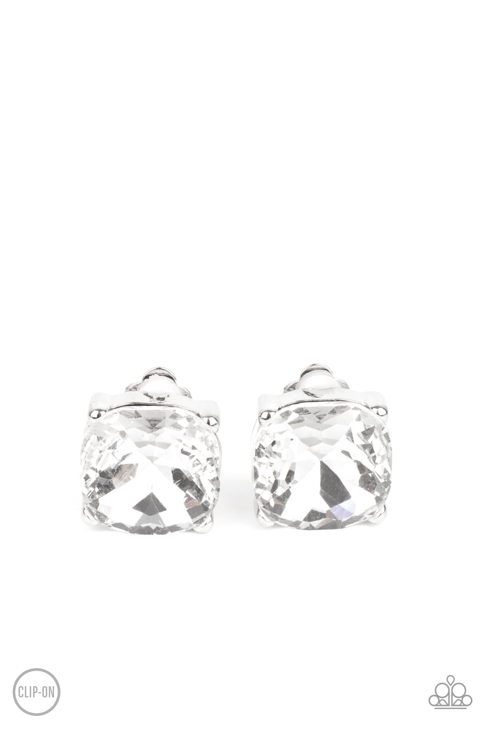 A dramatically oversized white gem is nestled atop a pronged silver frame, creating a jaw-dropping dazzle. Earring attaches to a standard clip-on fitting. Sold as one pair of clip-on earrings.