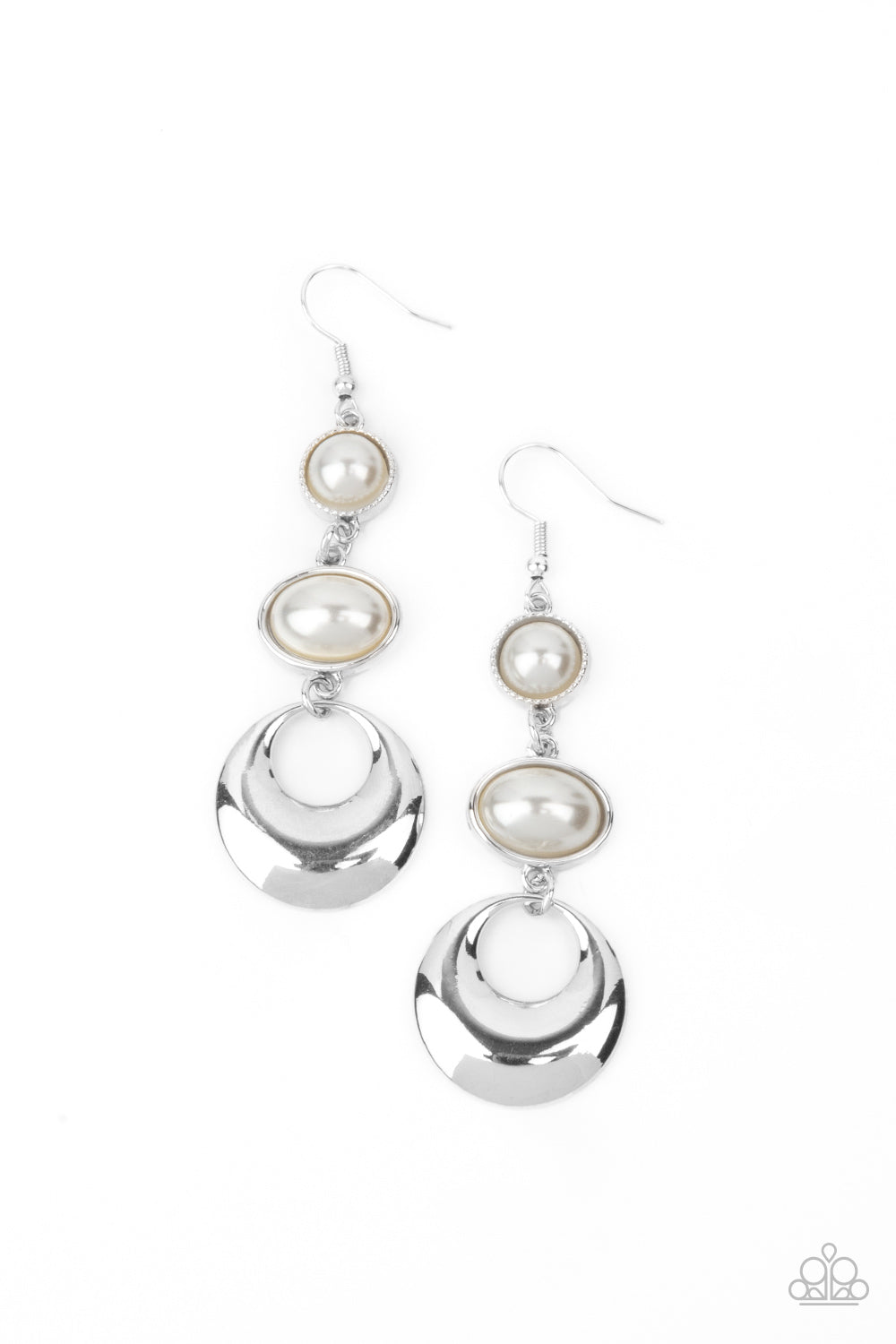 Featuring sleek and studded silver fittings, mismatched pearly white beads give way to a beveled silver hoop, creating a uniquely refined lure. Earring attaches to a standard fishhook fitting.
Sold as one pair of earrings.