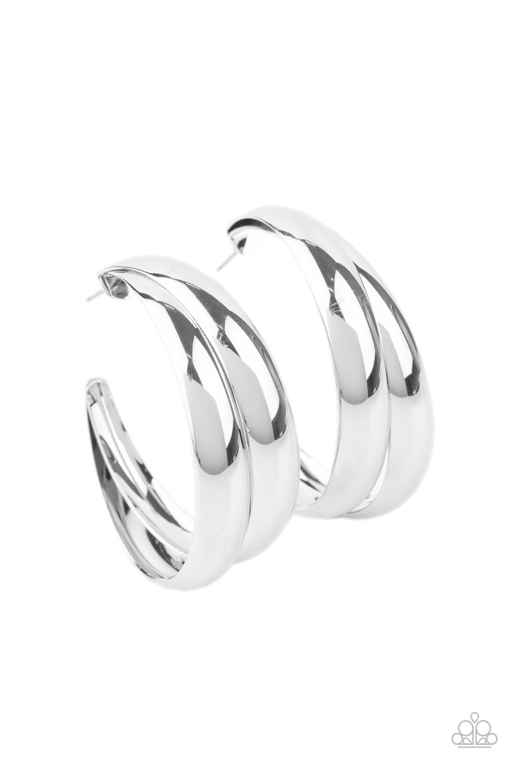 Two thick silver bars delicately overlap into a boldly oversized hoop. Earring attaches to a standard post fitting. Hoop measures approximately 2" in diameter. Sold as one pair of hoop earrings.