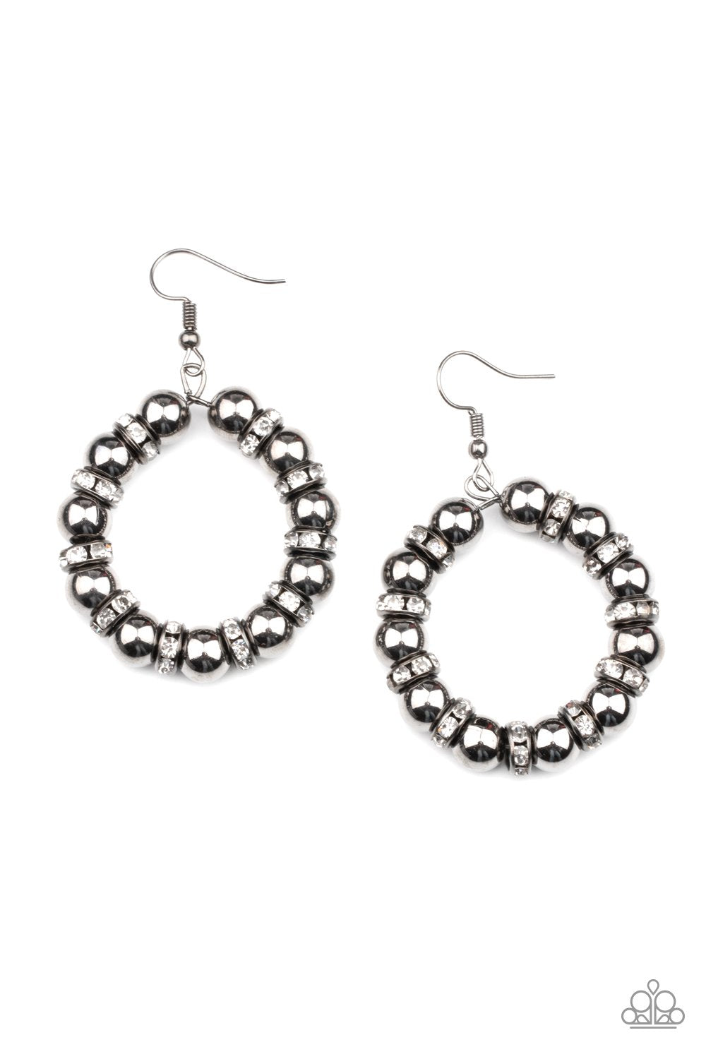 Glistening gunmetal beads and iridescent rhinestone encrusted gunmetal rings alternate along a dainty wire hoop, creating a glamorous display. Earring attaches to a standard fishhook fitting. Sold as one pair of earrings.