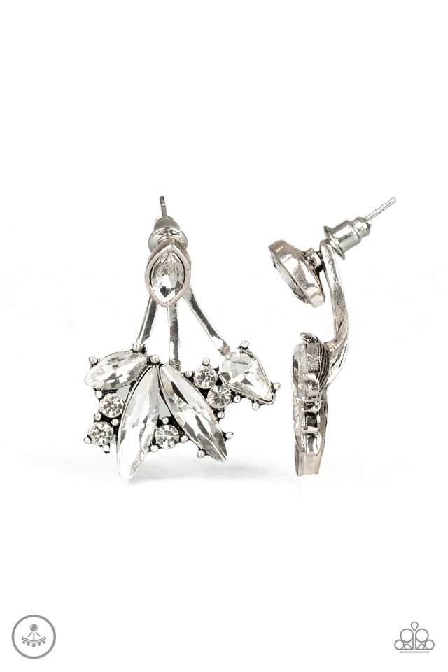 A solitaire white marquise cut rhinestone attaches to a double-sided post, designed to fasten behind the ear. Encrusted in a collision of mismatched white rhinestones, a double-sided post peeks out beneath the ear, creating a glittery fringe. Earring attaches to a standard post fitting. Sold as one pair of double-sided post earrings.