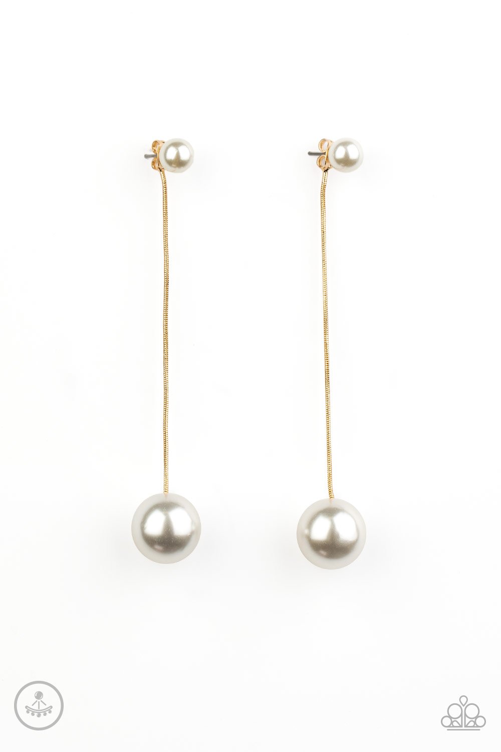 Attached to a sleek gold chain, an oversized white pearl delicately swings from the bottom of a classic white pearl, adding a timeless twist to the elegant display. Earring attaches to a standard post fitting. Sold as one pair of post earrings.