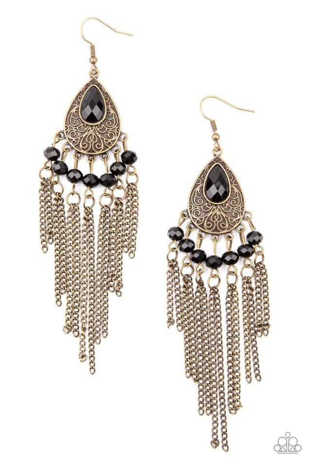 Dotted with glittery black rhinestones, antiqued brass chains stream from the bottom of a brass filigree embossed teardrop, creating a whimsical fringe. A teardrop black rhinestone dots the frame for a dazzling finish. Earring attaches to a standard fishhook fitting. Sold as one pair of earrings.