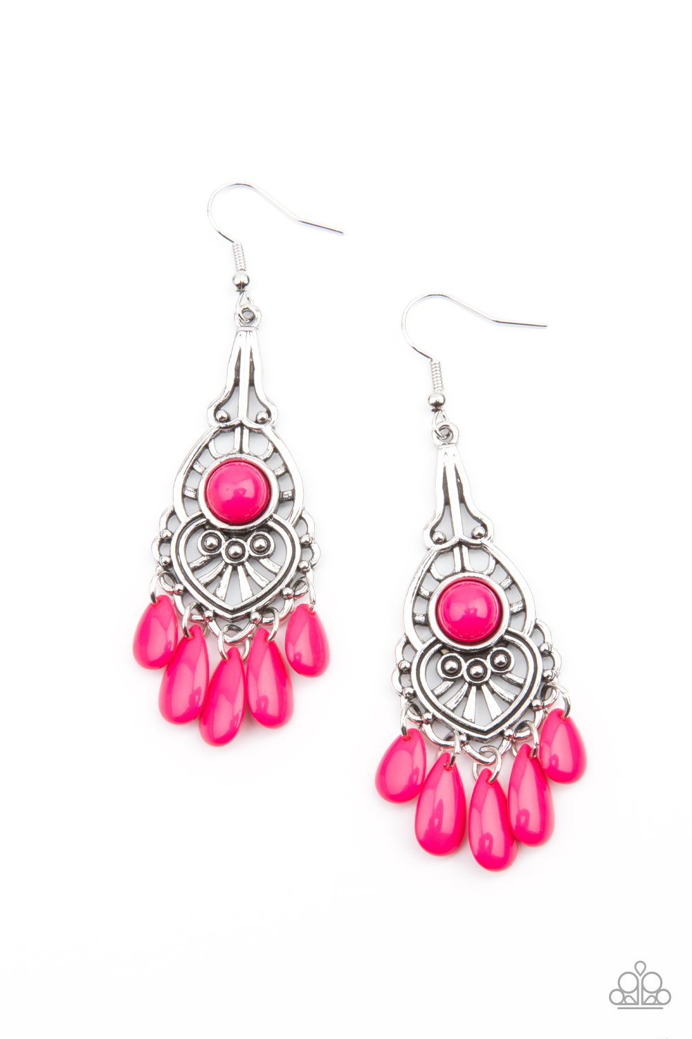 Vivacious pink teardrop beads swing from the bottom of an ornately studded silver frame featuring a bubbly pink beaded center for a fruity finish. Earring attaches to a standard fishhook fitting. Sold as one pair of earrings.