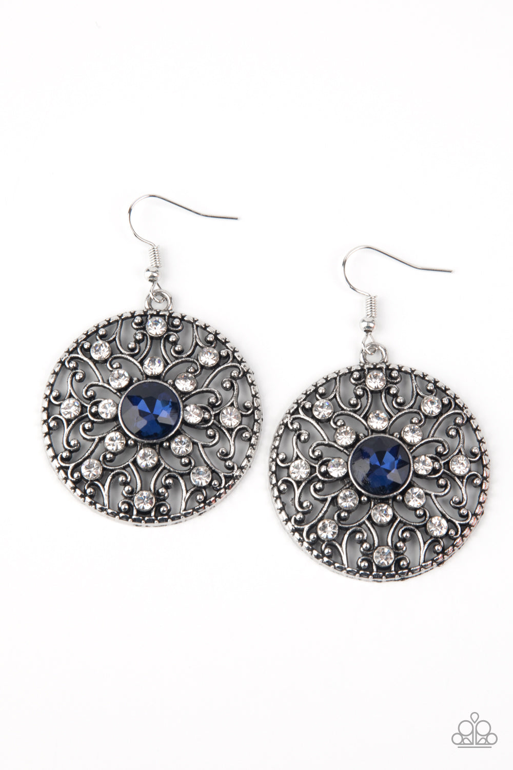 Dotted in glassy white rhinestones, a backdrop of studded silver vine-like filigree climbs a circular frame. An oversized blue rhinestone embellishes the center for a whimsical finish. Earring attaches to a standard fishhook fitting.
Sold as one pair of earrings.