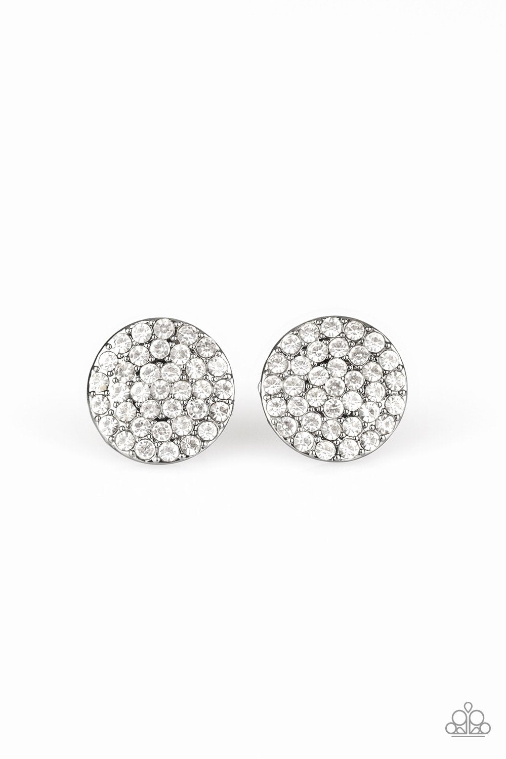 Countless white rhinestones are encrusted across the front of a beveled gunmetal frame for a show-stopping look. Earring attaches to a standard post fitting. Sold as one pair of post earrings.