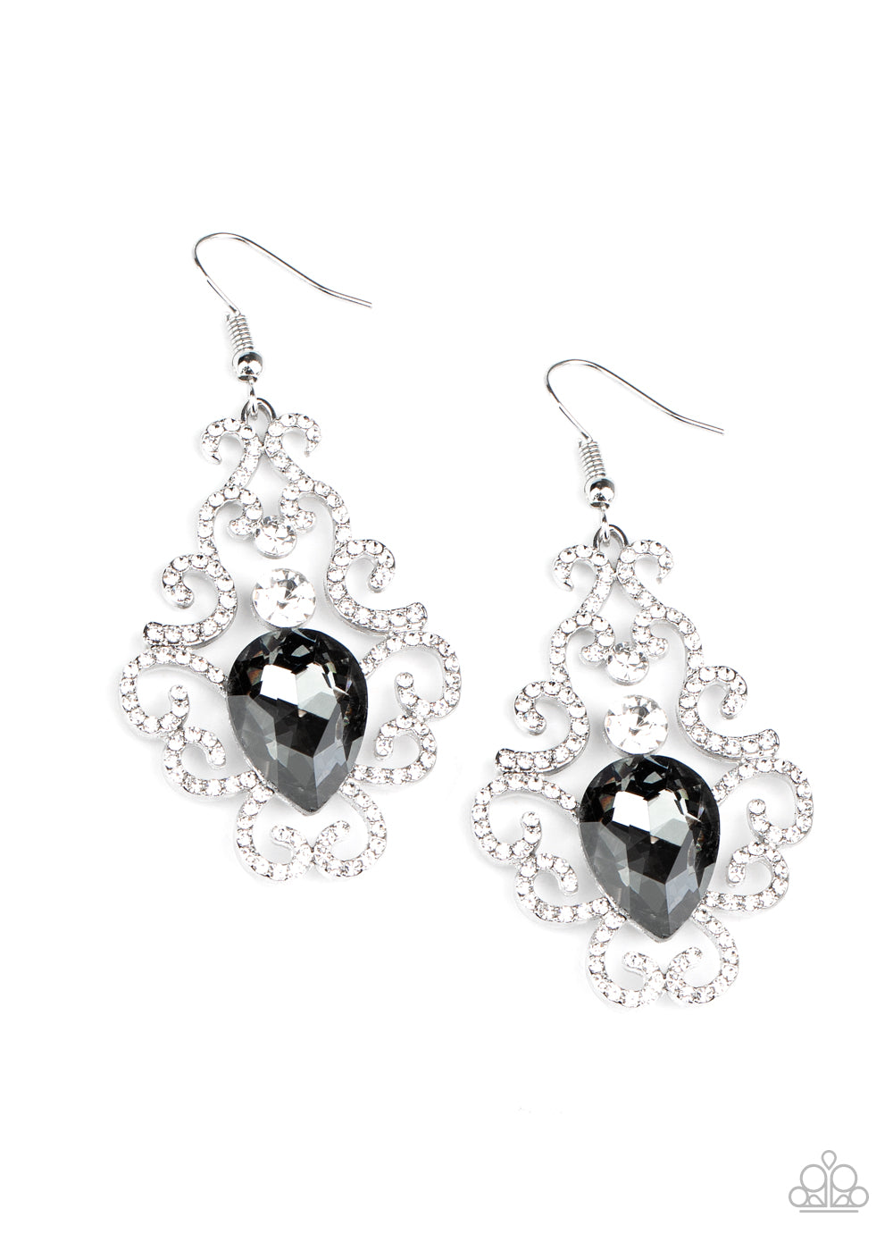 White rhinestone encrusted silver bars delicately vine around a white rhinestone and smoky teardrop rhinestone center, creating an unapologetic glow. Earring attaches to a standard fishhook fitting. Sold as one pair of earrings.