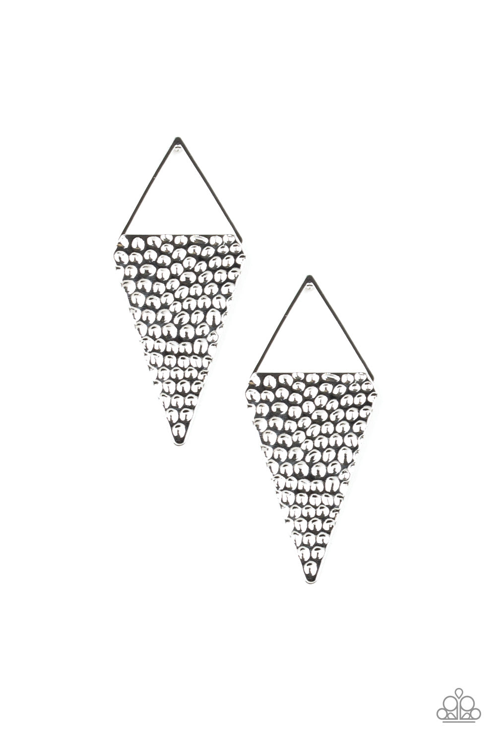 A hammered triangular frame attaches to a glistening silver triangular silhouette, creating an edgy lure. Earring attaches to a standard post fitting. Sold as one pair of post earrings.
