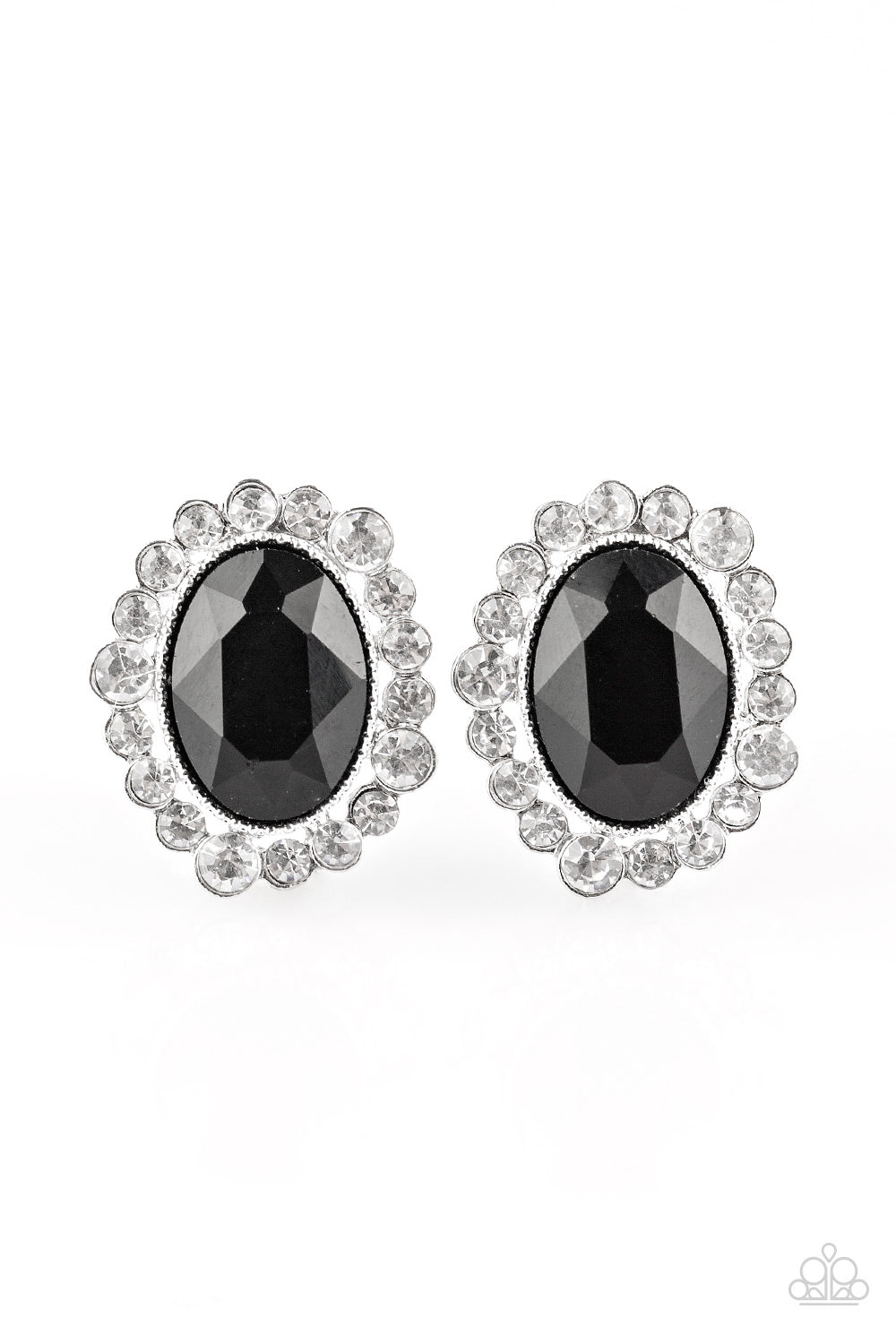 Varying in size, dainty white rhinestones spin around a faceted black gem for a timeless look. Earring attaches to a standard post fitting. Sold as one pair of post earrings.