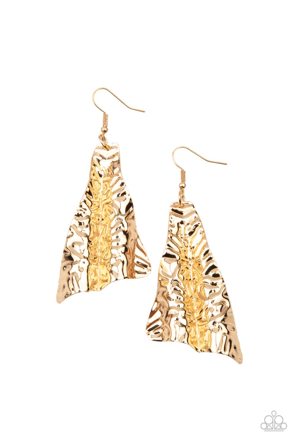 Embossed in wavy details, a flared gold frame creases into a rippling lure for an edgy look. Earring attaches to a standard fishhook fitting. Sold as one pair of earrings.