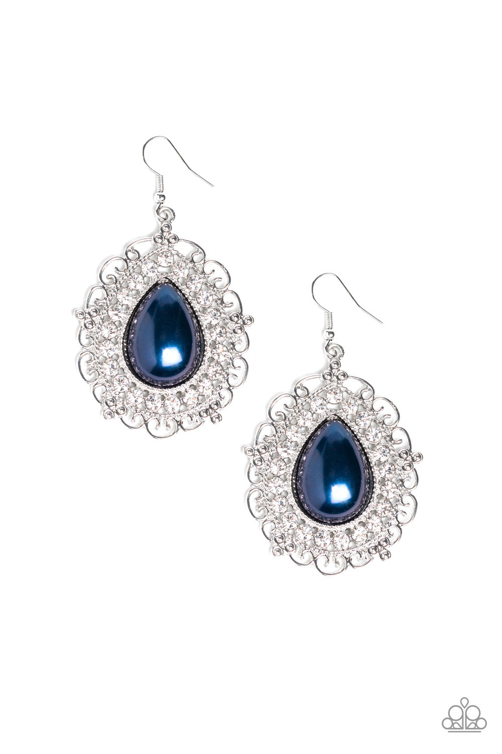 An oversized pearly blue teardrop bead is pressed into a swirling silver backdrop encrusted in a dazzling ring of glassy white rhinestones for a glamorous finish. Earring attaches to a standard fishhook fitting. Sold as one pair of earrings.