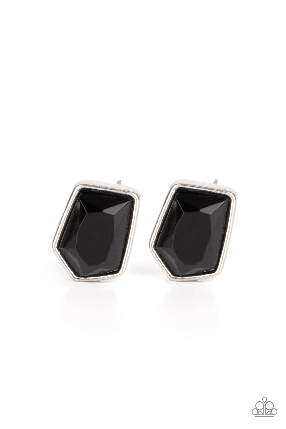 Featuring a raw asymmetrical cut, a glittery black gem is encased inside a sleek silver frame, creating an edgy display. Earring attaches to a standard post fitting. Sold as one pair of post earrings.Featuring a raw asymmetrical cut, a glittery black gem is encased inside a sleek silver frame, creating an edgy display. Earring attaches to a standard post fitting. Sold as one pair of post earrings.