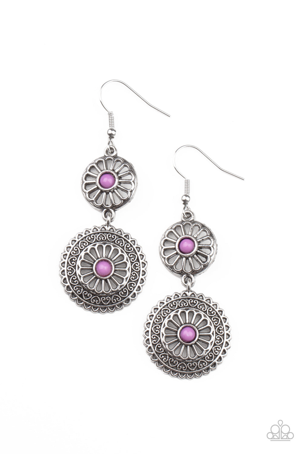 Dainty purple beads adorn the centers of floral patterned silver frames that link into a whimsical lure. Earring attaches to a standard fishhook fitting. Sold as one pair of earrings.