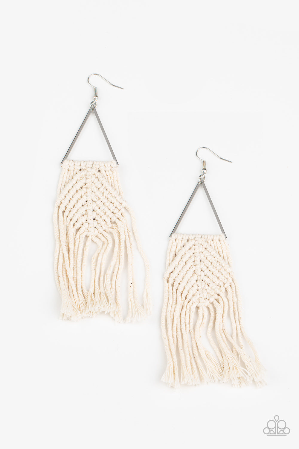 Soft white cording delicately knots and weaves around the bottom of an airy silver triangle, creating a colorful macramé inspired fringe. Earring attaches to a standard fishhook fitting. Sold as one pair of earrings.