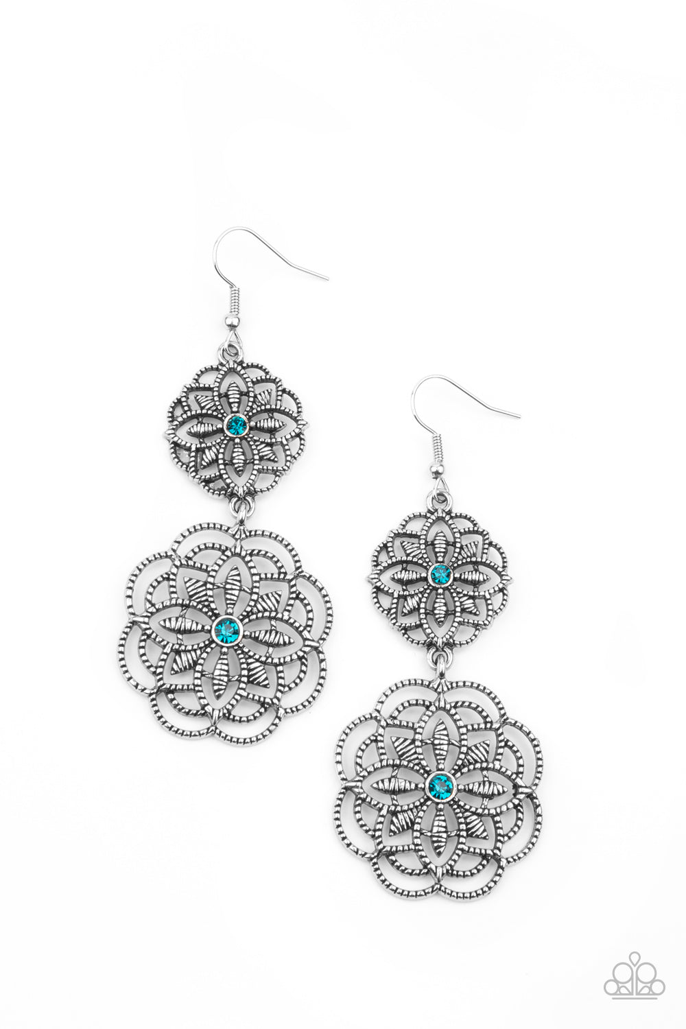 Dotted with dainty blue rhinestone centers, studded mandala-like silver frames connect into a whimsical floral lure. Earring attaches to a standard fishhook fitting.
Sold as one pair of earrings.