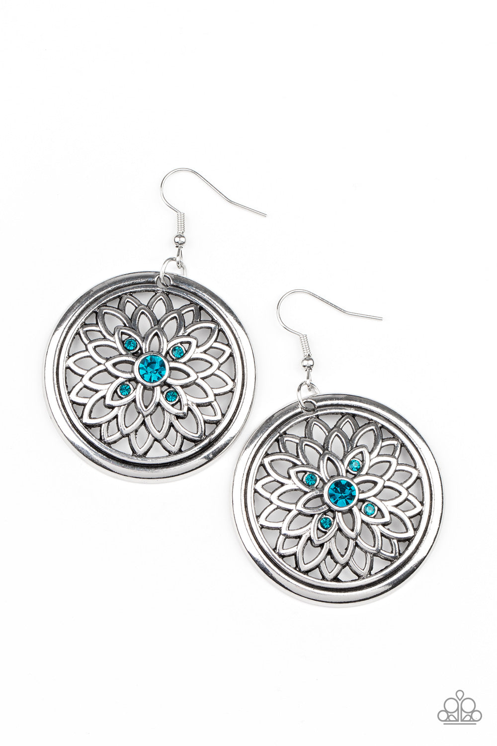 Dotted with a glittery blue rhinestone center, airy silver petals bloom across the front of a rustic silver hoop, creating a sparkly medallion-like frame. Earring attaches to a standard fishhook fitting.
Sold as one pair of earrings.