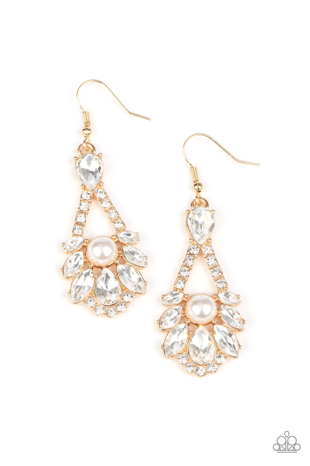 A sparkly series of marquise and teardrop white rhinestones embellish the front of a white rhinestone encrusted gold frame. A dainty white pearl adorns the center, adding a splash of vintage refinement. Earring attaches to a standard fishhook fitting. Sold as one pair of earrings.