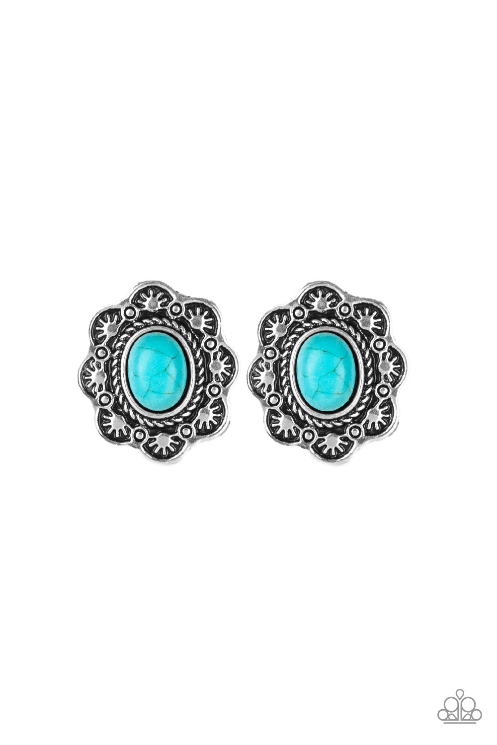A refreshing turquoise stone is pressed into a silver floral frame radiating with sunburst patterns for a rustic look. Earring attaches to a standard post fitting. Sold as one pair of post earrings.