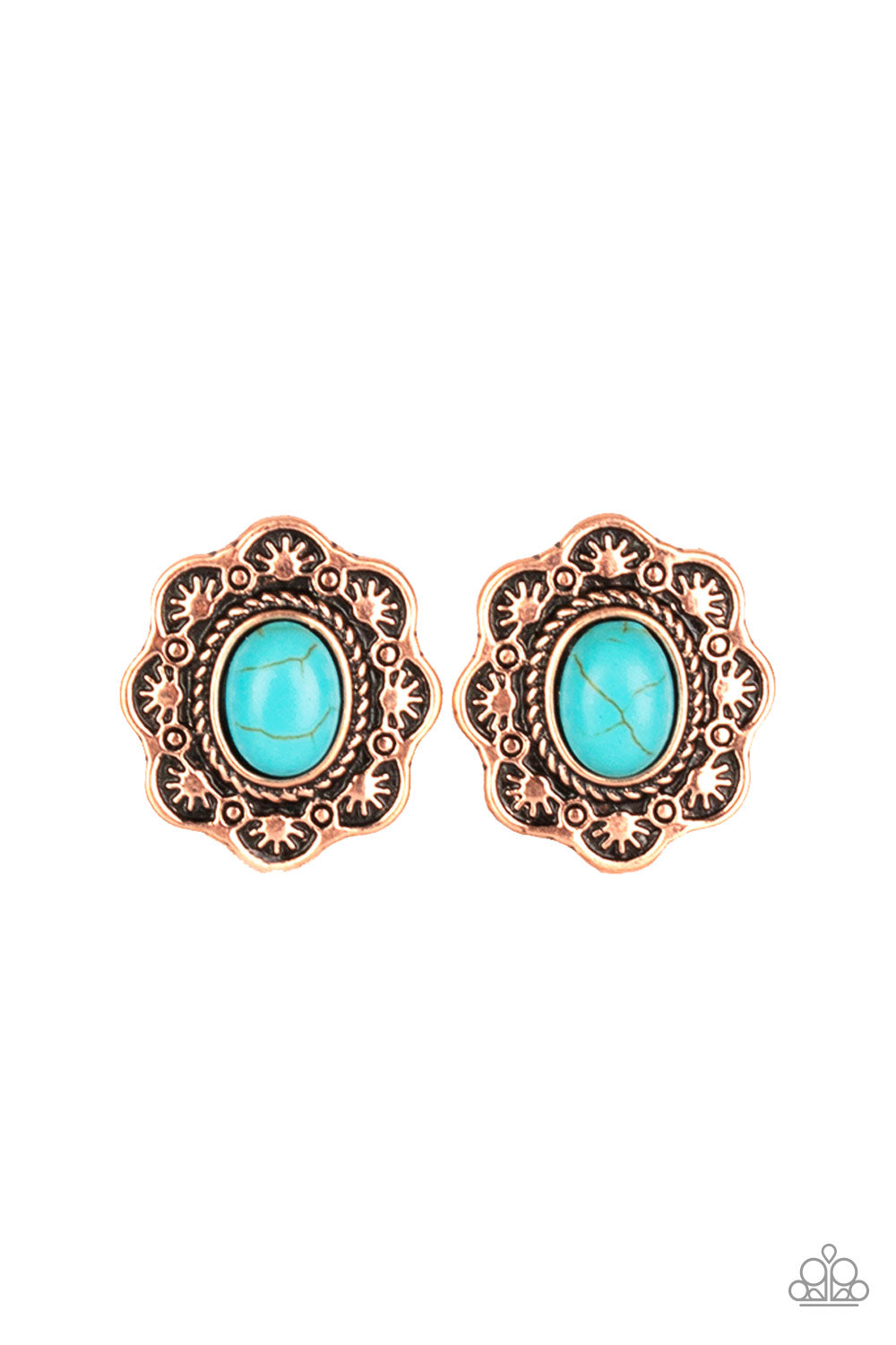 A refreshing turquoise stone is pressed into a copper floral frame radiating with sunburst patterns for a rustic look. Earring attaches to a standard post fitting. Sold as one pair of post earrings.