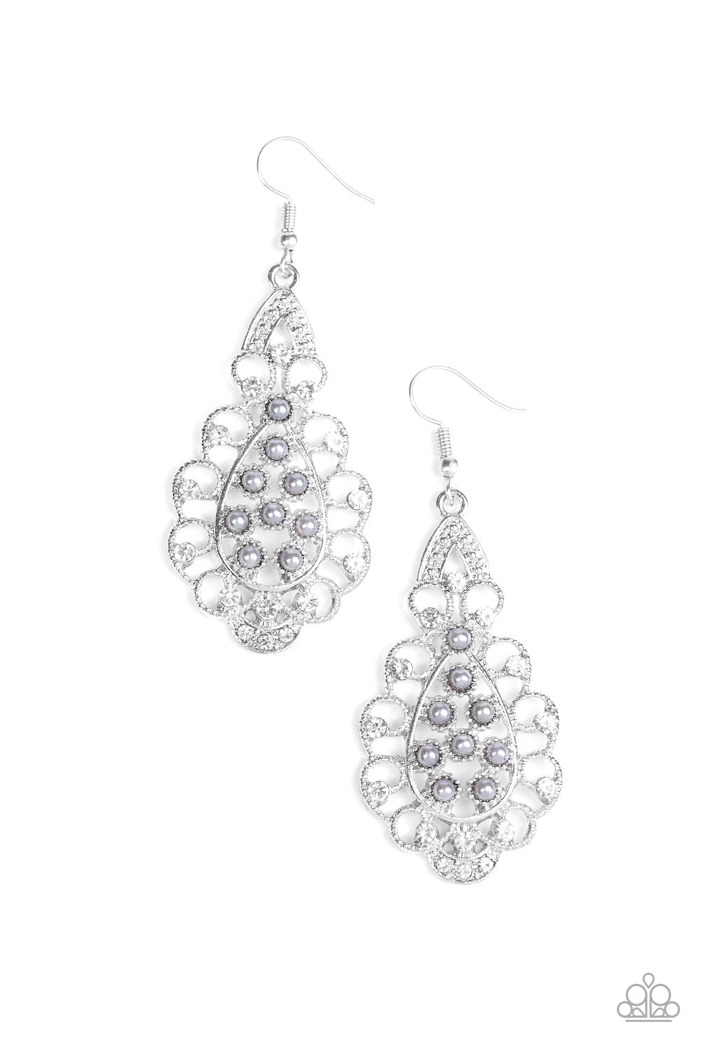 Dotted with glassy white rhinestones, elegant silver filigree curls around a gray pearl dotted center for a regal look. Earring attaches to a standard fishhook fitting. Sold as one pair of earrings.