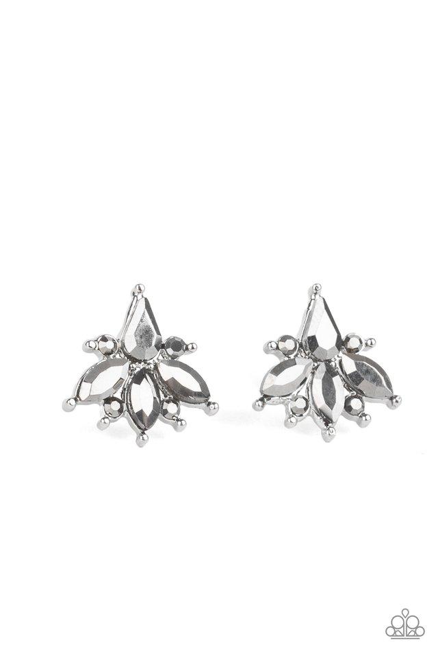 Featuring classic round and elegant marquise style cuts, a collection of dainty hematite rhinestones coalesce into a radiant frame. Earring attaches to a standard post fitting. Sold as one pair of post earrings.