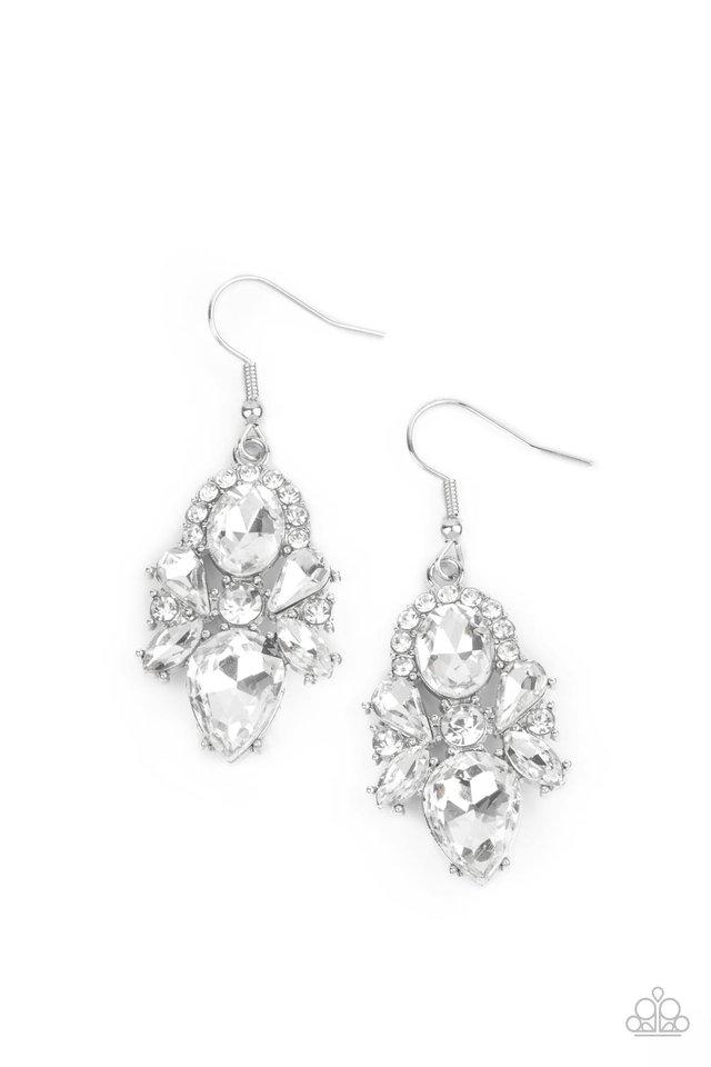 Featuring regal marquise, teardrop, and oval cuts, a sparkly collection of glassy white rhinestones adorn a glittery backdrop of glassy white rhinestones, creating a dramatically dazzling centerpiece. Earring attaches to a standard fishhook fitting. Sold as one pair of earrings.