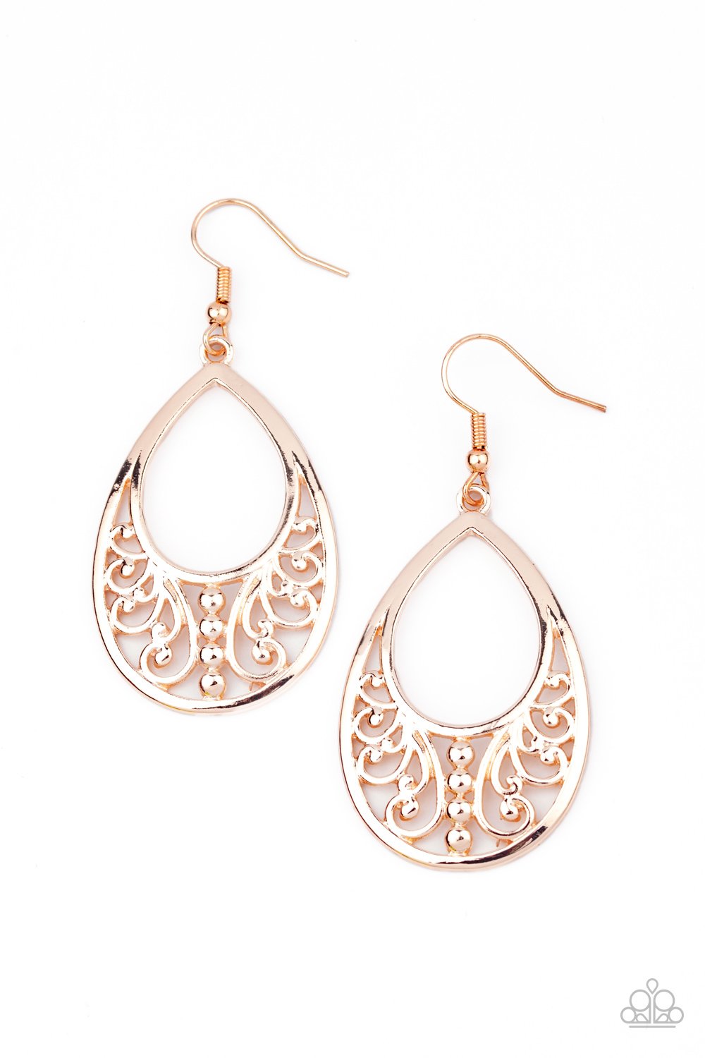 Infused with shiny rose gold studs, vine-like filigree serpentines along the bottom of a rose gold teardrop frame for a seasonal flair. Earring attaches to a standard fishhook fitting. Sold as one pair of earrings.