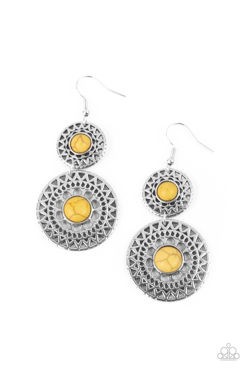 Stenciled in airy metallic sunburst patterns, a pair of silver mandala-like frames are dotted with sunny yellow stone centers as they link into a tribal inspired lure. Earring attaches to a standard fishhook fitting.
Sold as one pair of earrings.