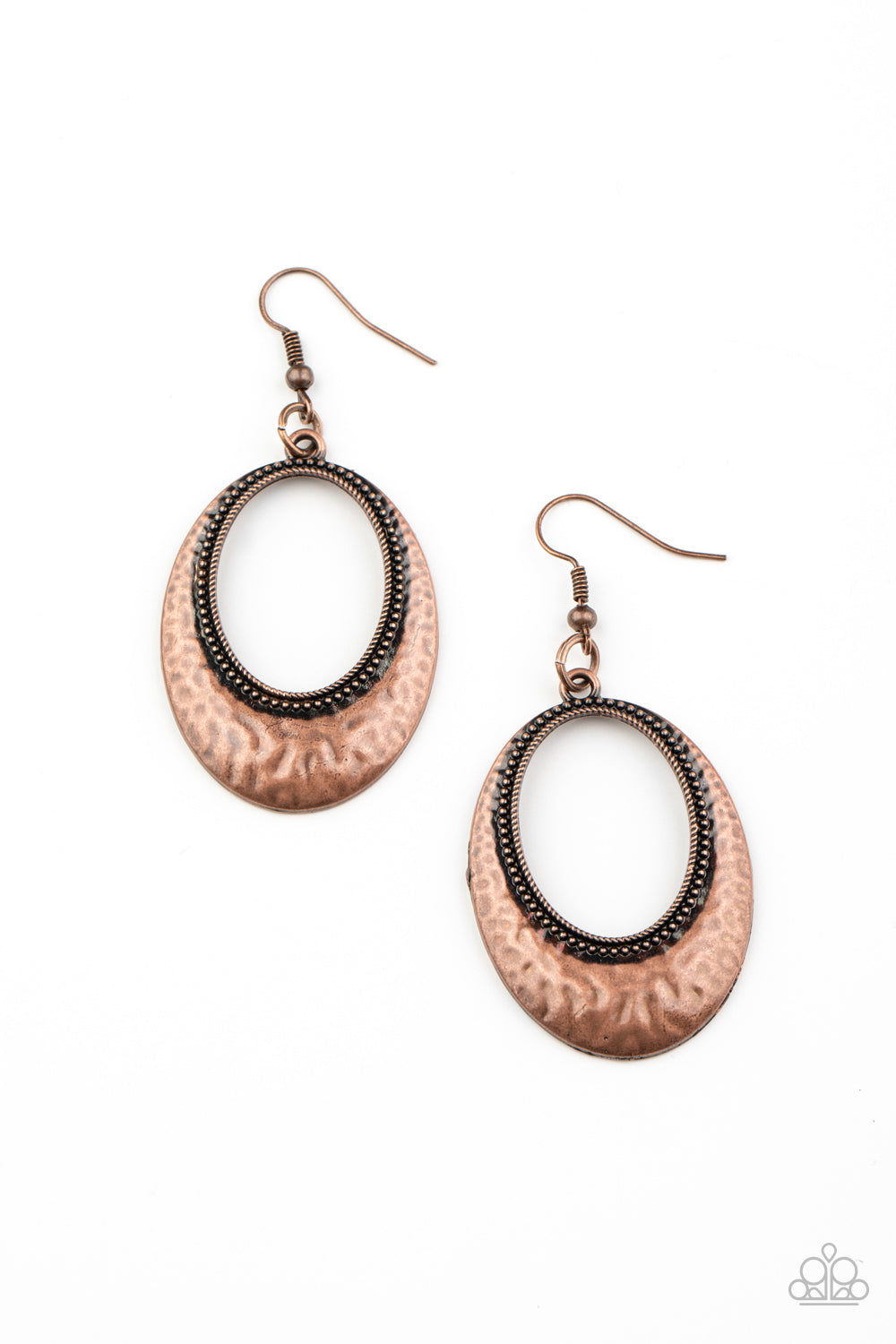 A hammered copper frame flares around a studded copper ring, creating a rustic frame. Earring attaches to a standard fishhook fitting. Sold as one pair of earrings.
