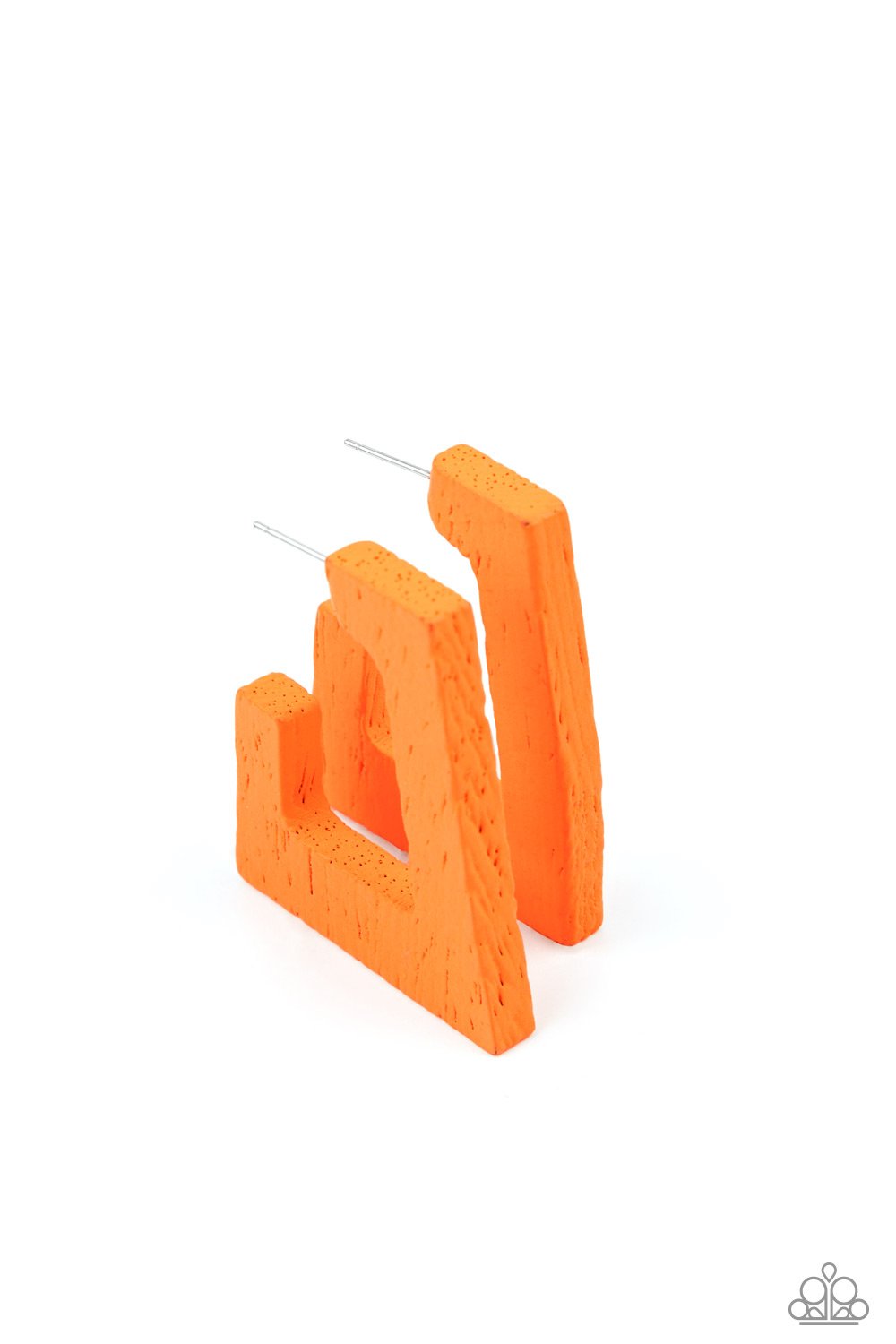 Painted in a neon orange finish, a distressed wooden frame curves around the ear, creating a rectangular hoop for a retro effect. Earring attaches to a standard post fitting. Hoop measures approximately 1" in diameter. Sold as one pair of hoop earrings.