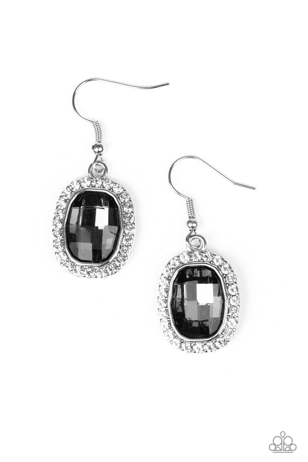 A smoky gem is pressed into a shimmery silver frame radiating with glassy white rhinestones for a timeless fashion. Earring attaches to a standard fishhook fitting. Sold as one pair of earrings.