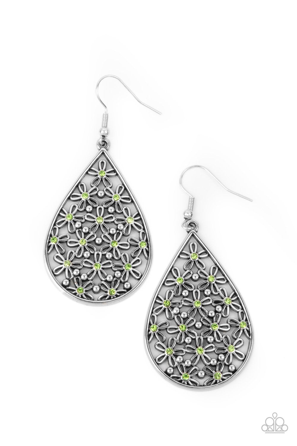Featuring dainty green rhinestone centers, airy silver flowers and dainty silver studs coalesce inside a teardrop frame for a whimsical look. Earring attaches to a standard fishhook fitting. Sold as one pair of earrings.