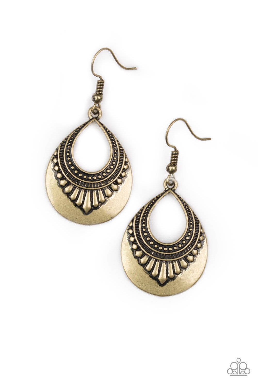 Tribal inspired details fan out across a glistening brass teardrop for a seasonal look. Earring attaches to a standard fishhook fitting. Sold as one pair of earrings.