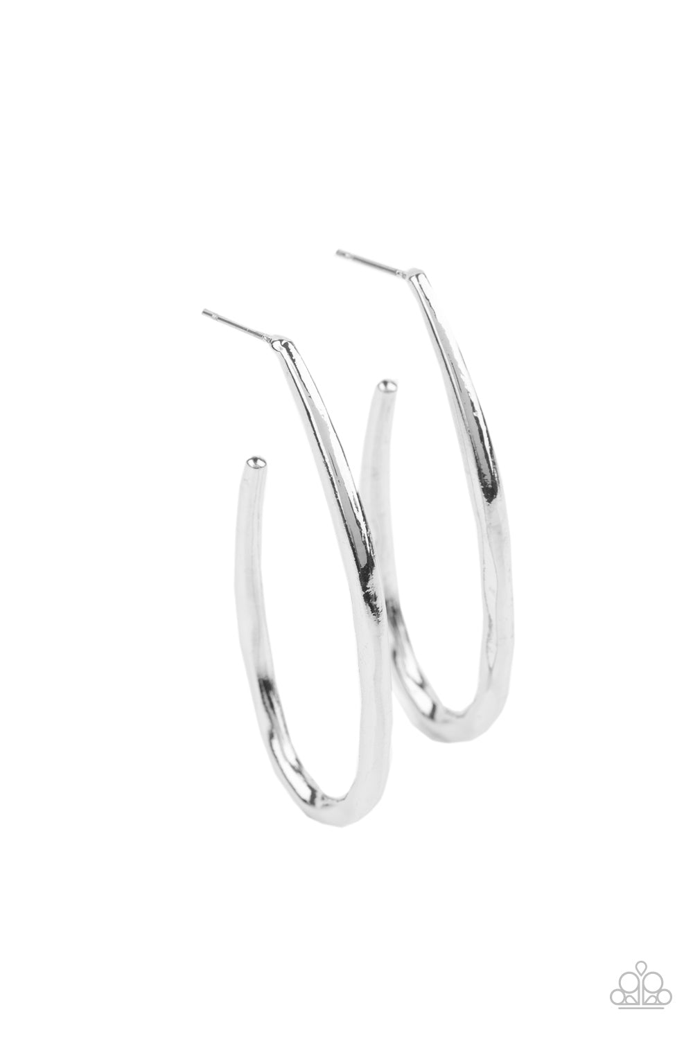 Delicately hammered in shimmery textures, a shiny silver bar curves into an asymmetrical hook-like hoop for an edgy look. Earring attaches to a standard post fitting. Hoop measures approximately 1" in diameter. Sold as one pair of hoop earrings.