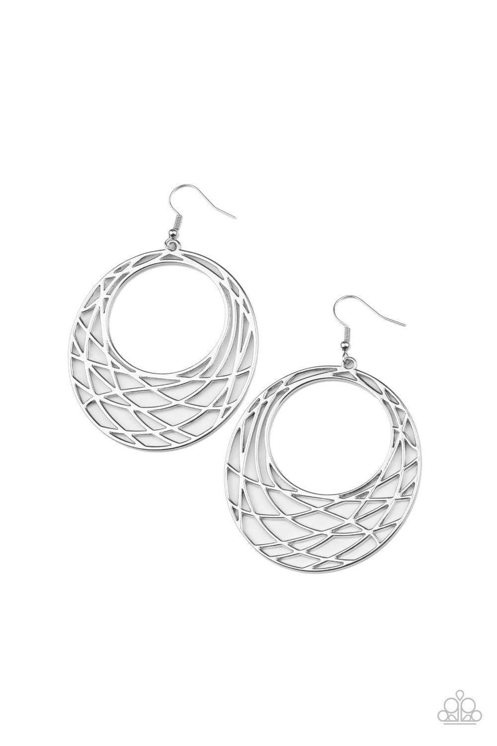 Shimmery silver bars crisscross and overlap along the bottom of a circular frame, creating a crescent-like hoop. Earring attaches to a standard fishhook fitting.
Sold as one pair of earrings.