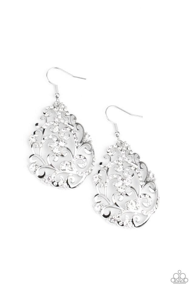Dotted in an array of glittery white rhinestones, shiny silver filigree climbs the ear, coalescing into a vine-like teardrop frame. Earring attaches to a standard fishhook fitting. Sold as one pair of earrings.
