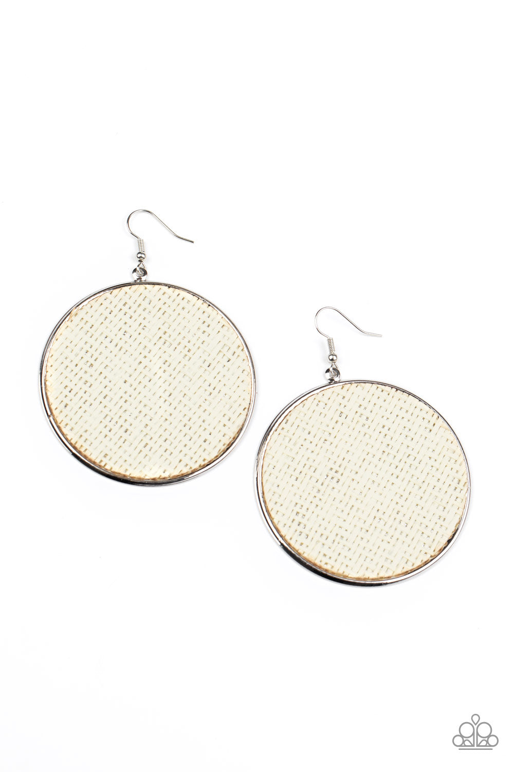 White twine-like cording weaves across the front of an oversized silver disc for an earthy flair. Earring attaches to a standard fishhook fitting. Sold as one pair of earrings.