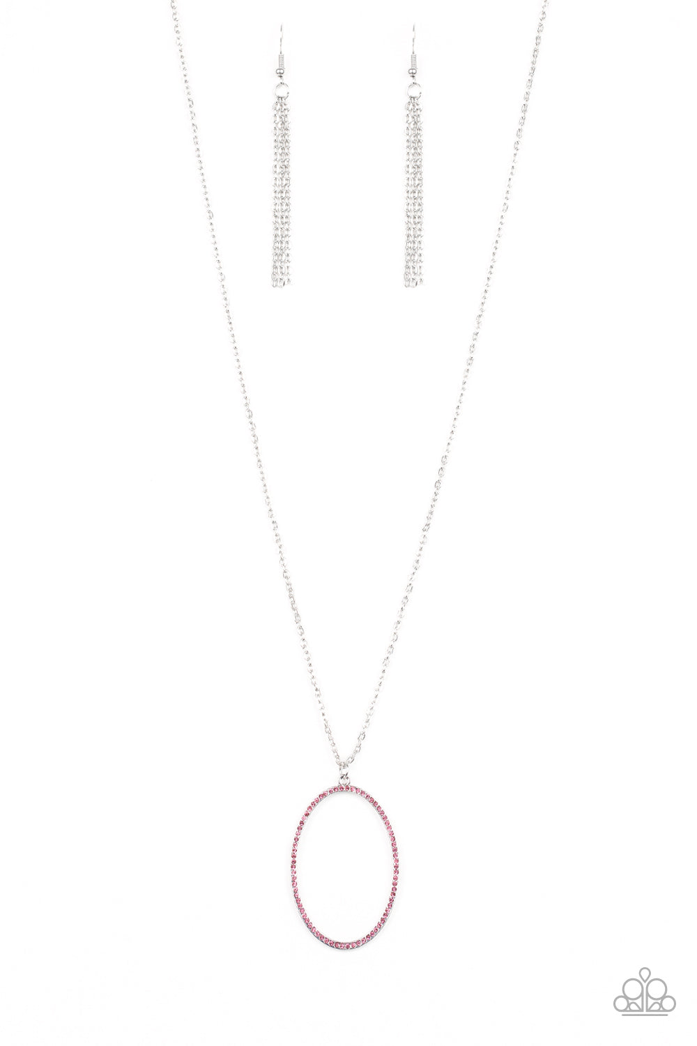 Encrusted in glassy pink rhinestones, an airy silver hoop swings from the bottom of a lengthened silver chain for a refined flair. Features an adjustable clasp closure. Sold as one individual necklace. Includes one pair of silver fringe earrings.