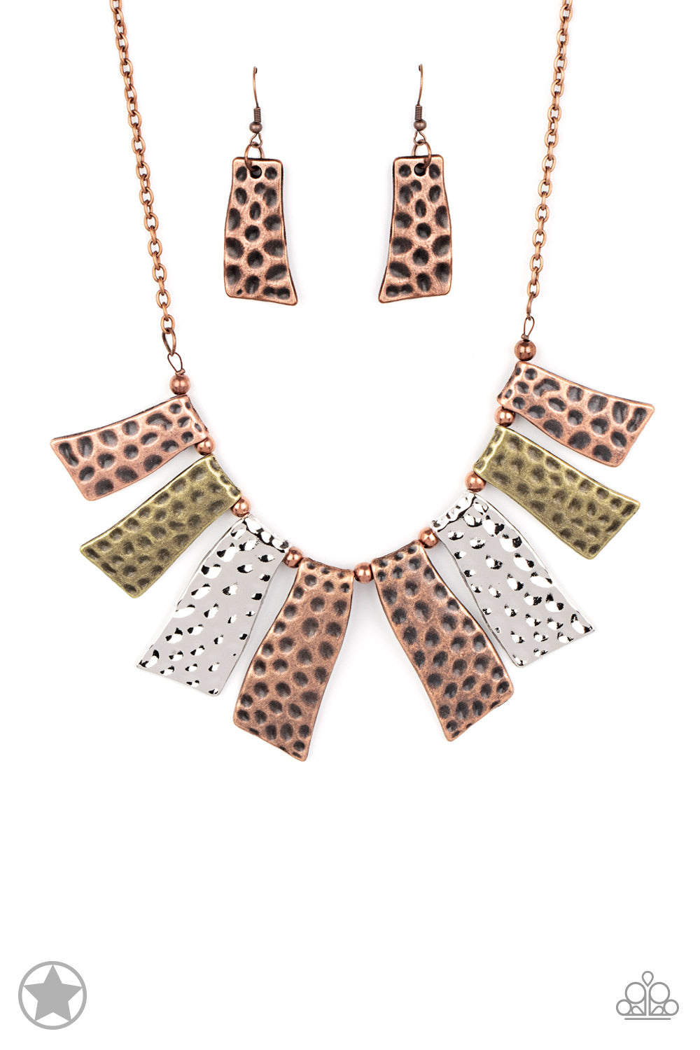 Abstract wavy plates of copper, silver, and brass are texturized with eye-catching hammered divots and alternating copper beads along a copper chain. Features an adjustable clasp closure. Sold as one individual necklace. Includes one pair of matching earrings.