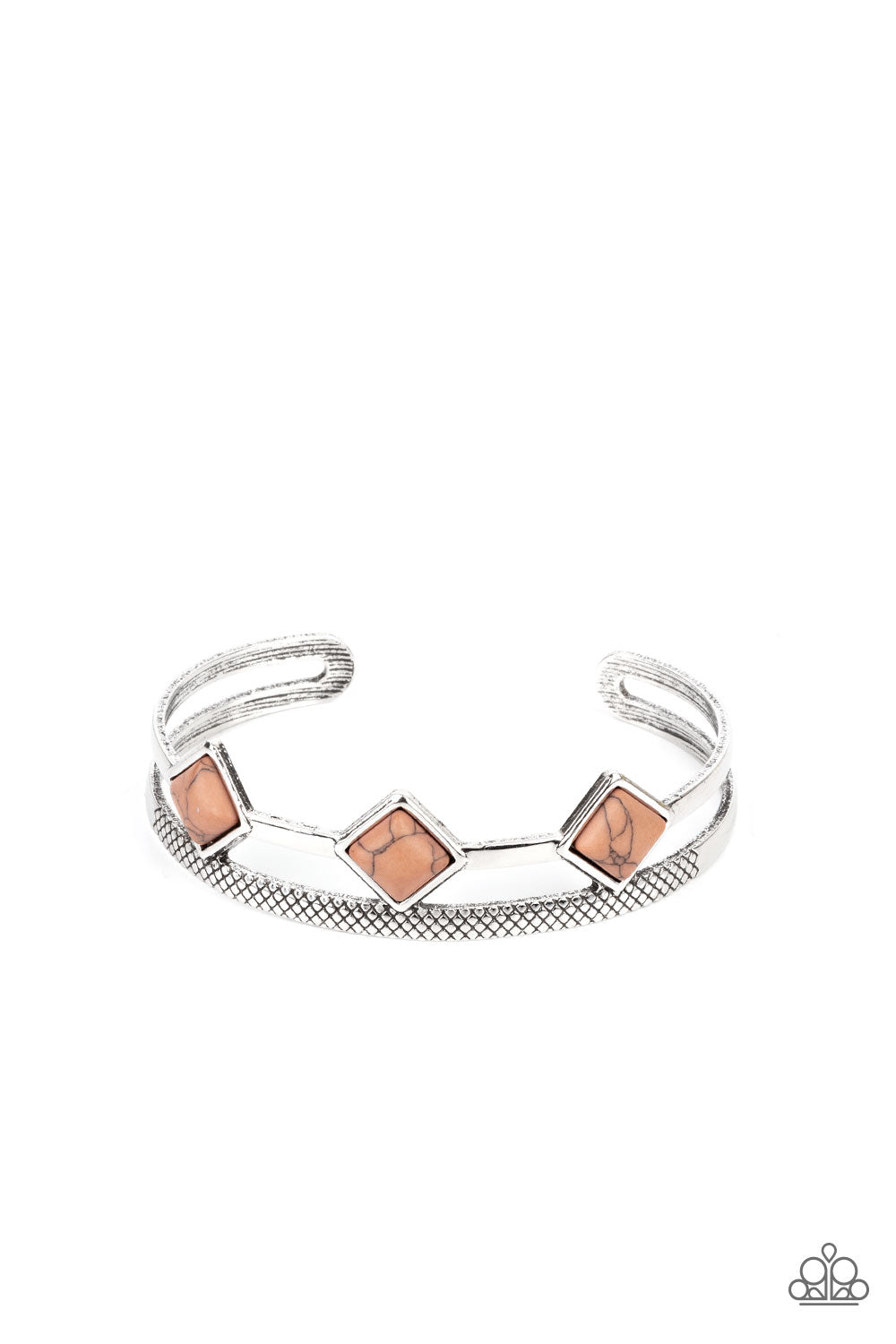 Smooth and textured silver bars are held in place by a row of tilted brown stone squares, coalescing into dainty seasonal cuff around the wrist. Sold as one individual bracelet.