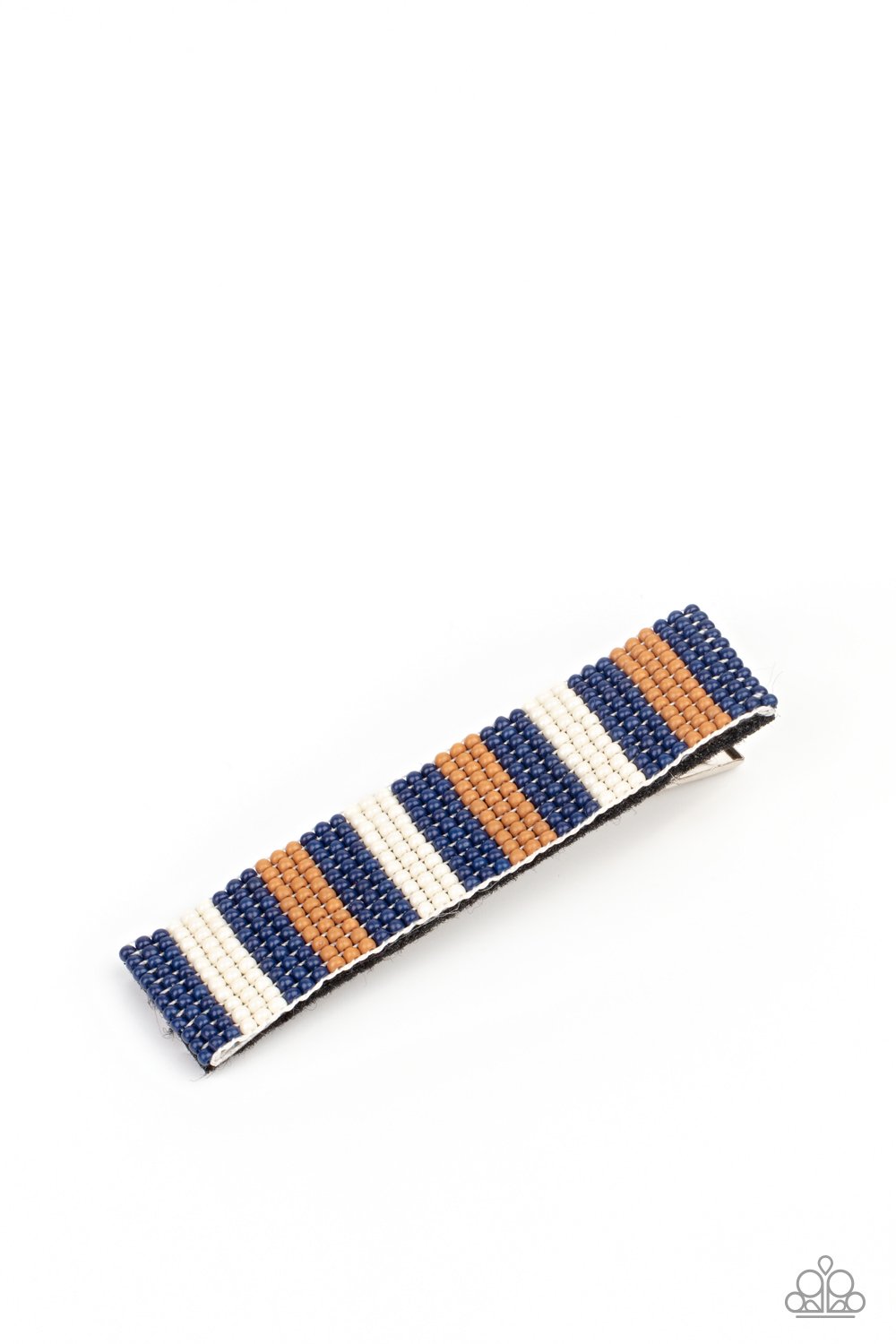 Dainty blue, brown, and pearly white seed beads are stitched in place across the front of a silver frame, creating colorful rows. Features a standard hair clip on the back. Sold as one individual hair clip.