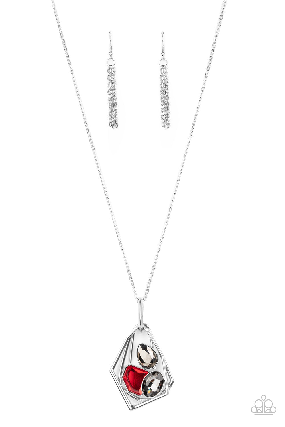 Varying in shape, mismatched geometric silver frames swing from the bottom of a lengthened silver chain. An oval smoky rhinestone, teardrop hematite rhinestone, and red gem sporadically embellish each frame while the largest frame is dusted in glassy white rhinestones for an elegant asymmetrical finish. Features an adjustable clasp closure. Sold as one individual necklace. Includes one pair of silver fringe earrings.