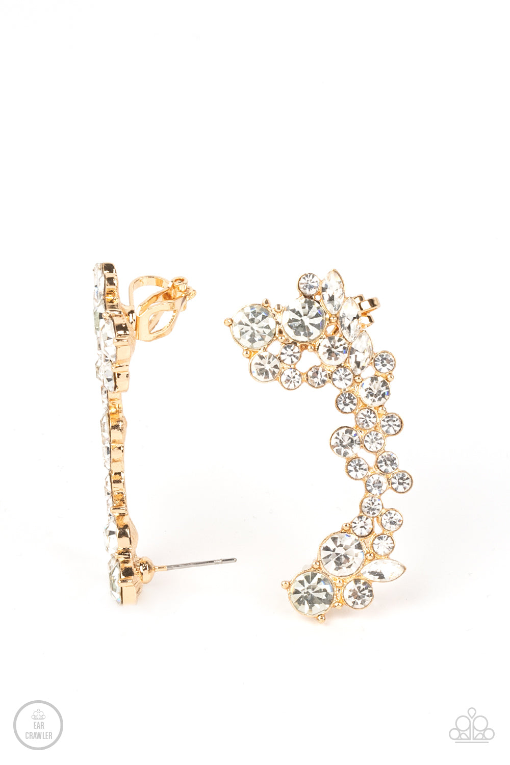A sparkly collision of round and marquise cut white rhinestones tumble down the ear, coalescing into an out-of-this-world sparkle. Features a clip-on fitting at the top for a secure fit. Sold as one pair of ear crawlers.