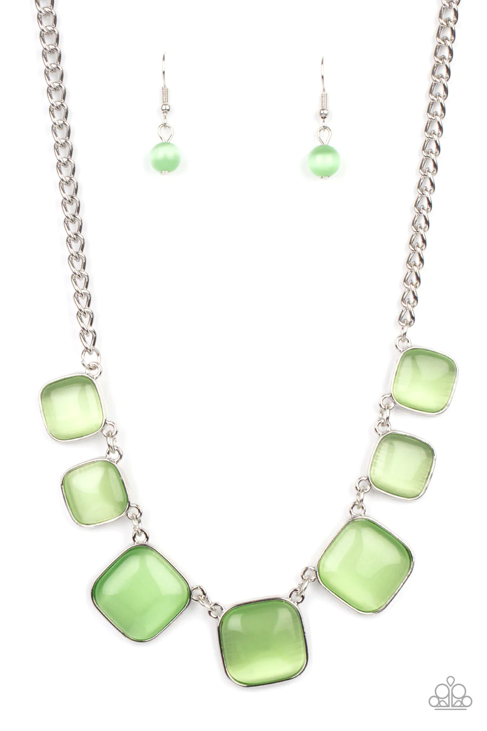 Encased in square silver fittings, a dewy collection of green cat's eye stones gradually increase in size as they link below the collar for a whimsical pop of color. Features an adjustable clasp closure. Sold as one individual necklace. Includes one pair of matching earrings.