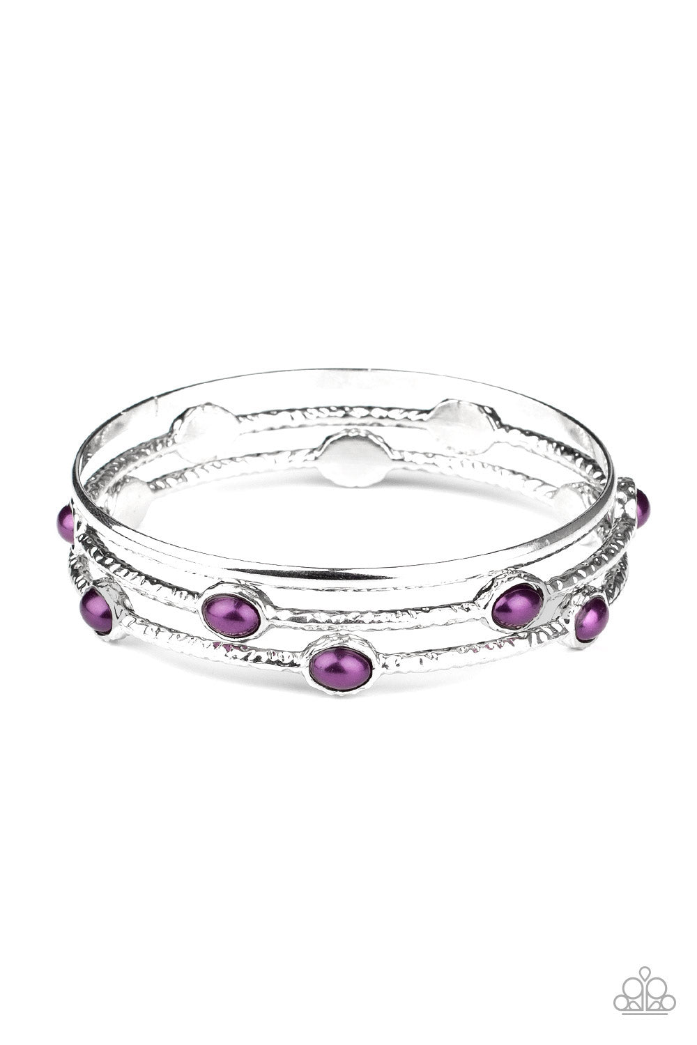 Delicately hammered in shimmer, a pair of pearly purple encrusted bangles joins a smooth silver bangle around the wrist for a refined fashion. Sold as one set of three bracelets.