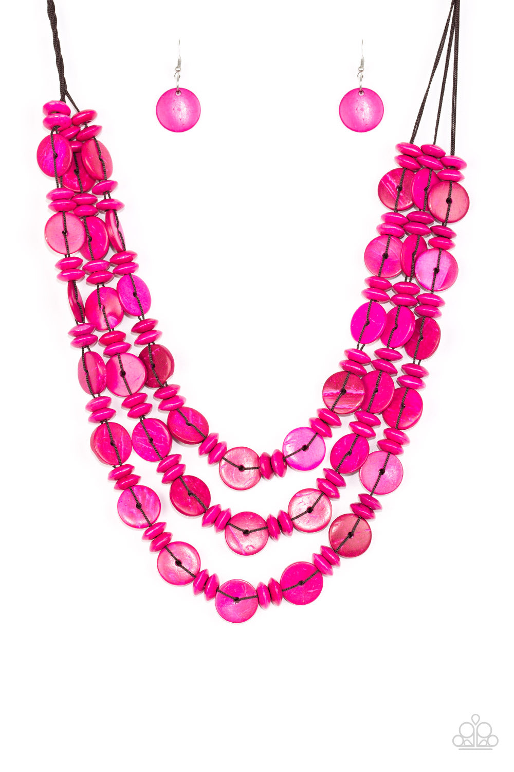 Brushed in a colorful finish, rows of vivacious pink wooden beads and discs are threaded along shiny brown cording for a summery look. Features a button loop closure. Sold as one individual necklace. Includes one pair of matching earrings.