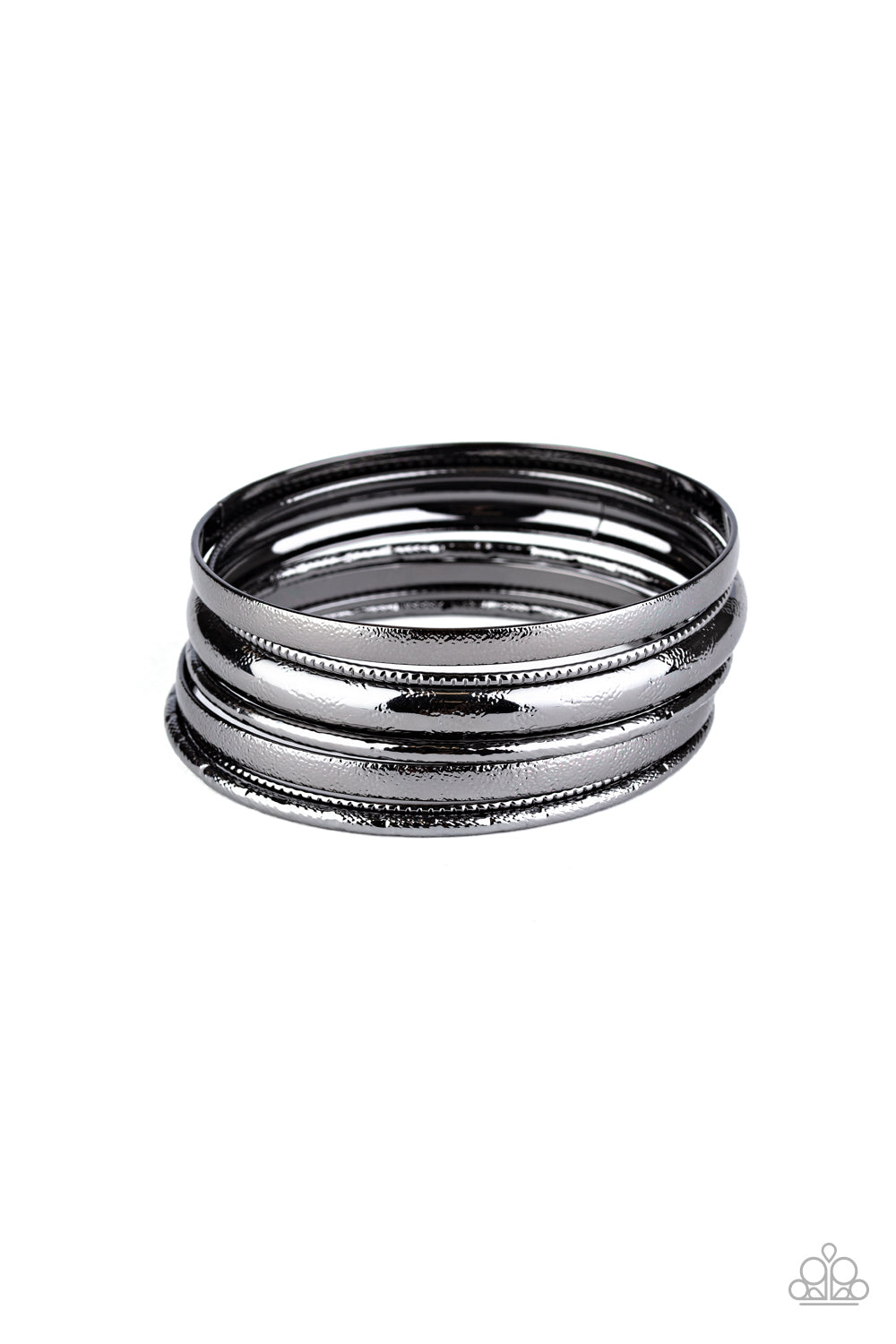 Featuring an array of hammered textures and patterns, a glistening collection of gunmetal bangles stack around the wrist for a casual look. Sold as one set of seven bracelets.