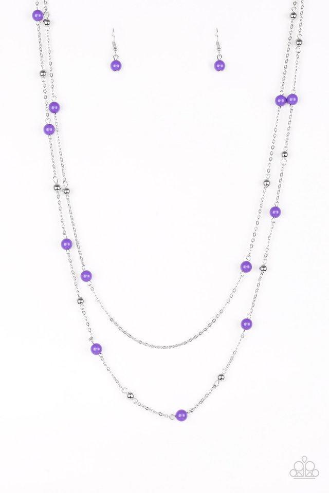 Vivacious purple and dainty silver beads trickle along two shimmery silver chains, creating colorful layers down the chest. Features an adjustable clasp closure. Sold as one individual necklace. Includes one pair of matching earrings.