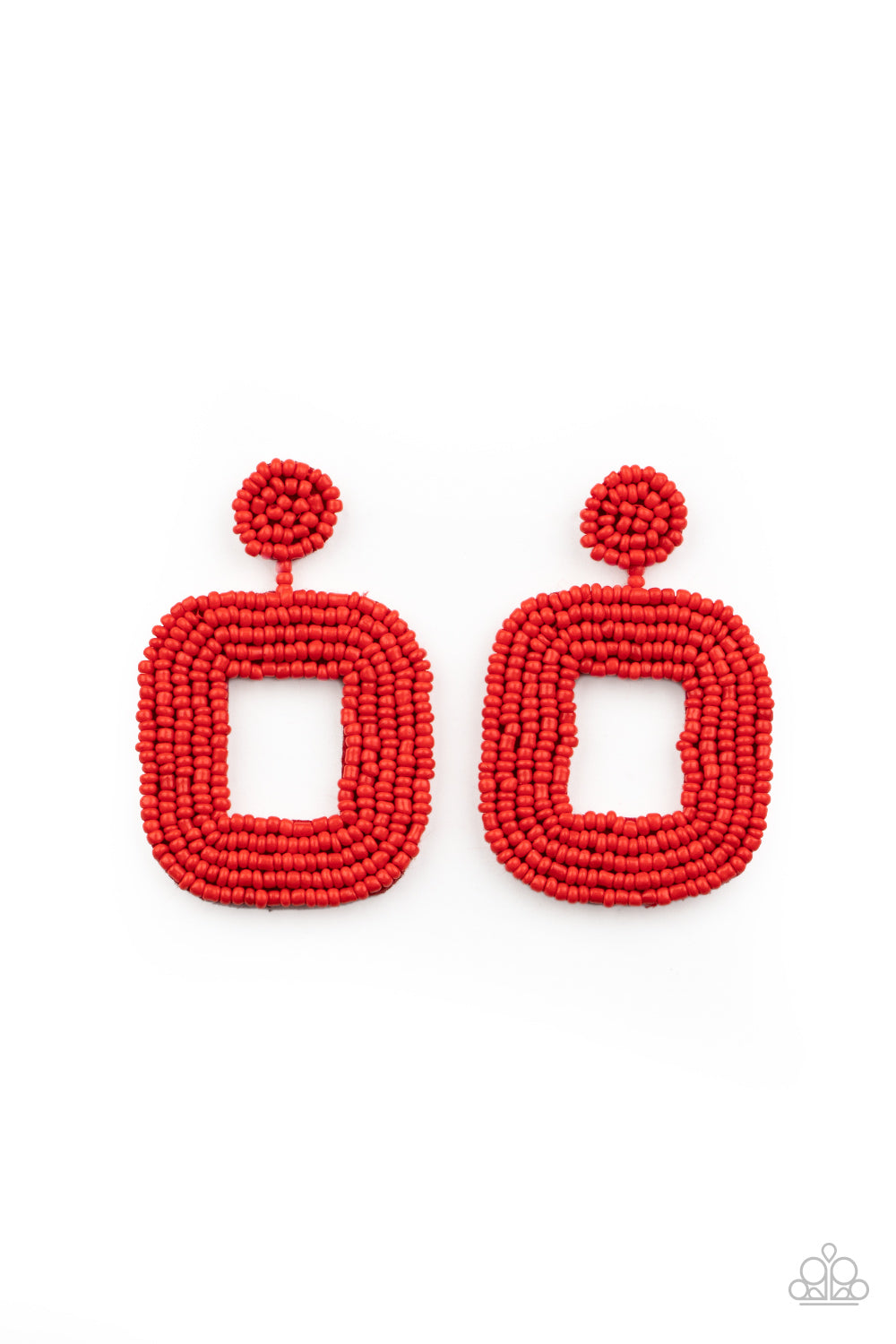 Fiery rows of dainty red seed beads adorn the front of a rounded square frame at the bottom of a matching beaded fitting, creating a blissfully beaded look. Earring attaches to a standard post fitting. Sold as one pair of post earrings.