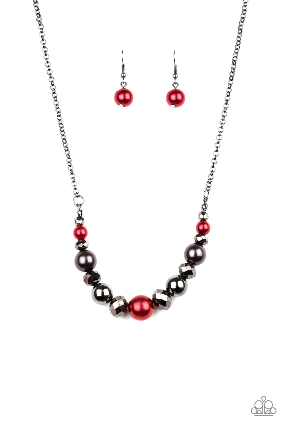 A collection of pearly red, classic gunmetal, and crystal-like hematite beads are threaded along an invisible wire below the collar for a glamorous look. Features an adjustable clasp closure. Sold as one individual necklace. Includes one pair of matching earrings.